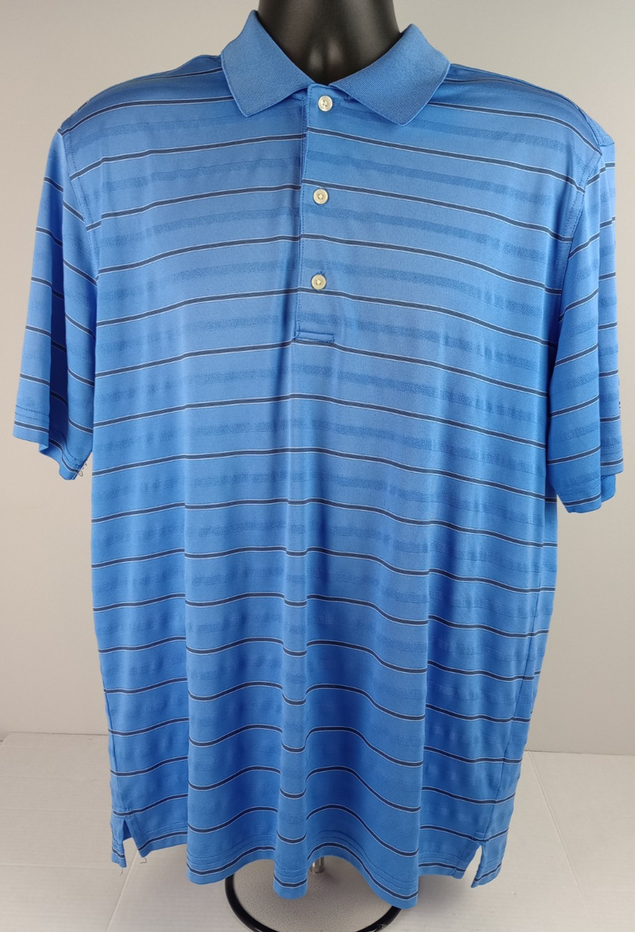Greg Norman Play Dry Men's L Light Blue Striped Short Sleeve Golf Polo Shirt